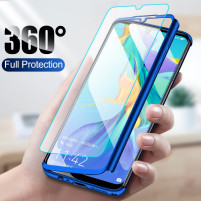 Твърд калъф лице и гръб 360 градуса със скрийн протектор FULL Body Cover за Huawei Y7 2019 DUB-LX1 син 
